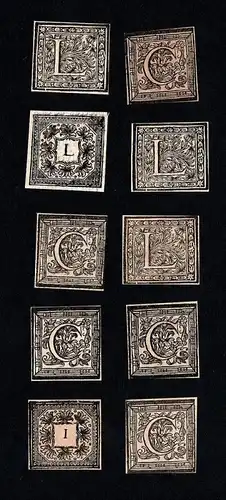 Konvolut von 10 Ornament Kupferstich-Buchstaben L, C, I ornament letters antique print gravure copper engravin
