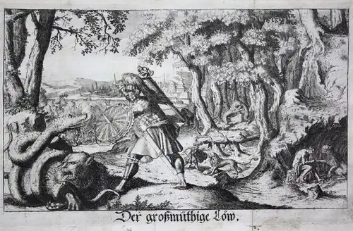 Der großmüthige Löw - Löwe lion Löwen lions Kampf fight Ansicht view Kupferstich copper engraving antique prin