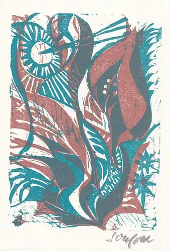 Original-Zweifarben-Linolschnitt von Ruth Schefold zu dem Gedicht Einer Blume von Hans Arp.