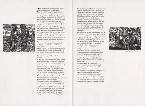 Zwei Original-Holzstiche von Gertraud Brylka-Thieme zu der Erzählung Die beiden Alten von Leo N. Tolstoi.