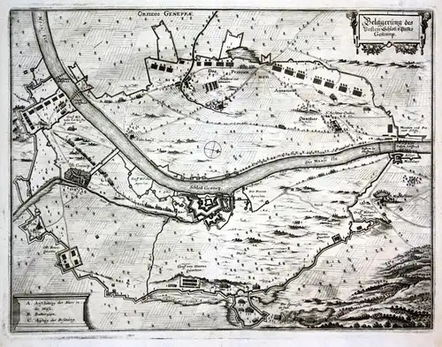 Belägerung des Vesten Schloß und Passes Gennep - Gennep Maas siege Belagerung Plan Kupferstich antique print