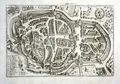 S. Gallen - St. Gallen Schweiz Ansicht Karte map Plan Kupferstich antique print