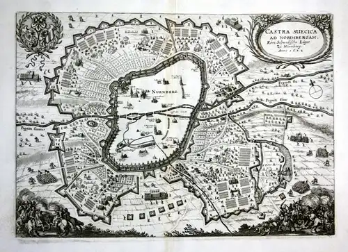 Castra Suecica ad Norimbergam - Nürnberg Schweden Lager Ansicht map Karte Kupferstich antique print