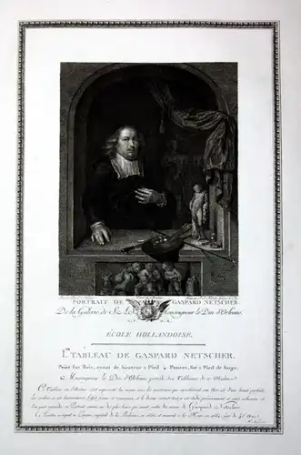 Portrait de Gaspard Netscher - Caspar Netscher Portrait Selbstportait Kupferstich antique print
