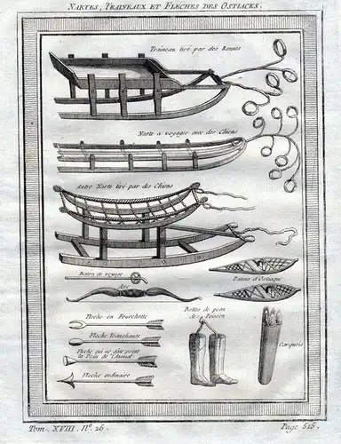 Nartes traineaux et fleches des Ostiacks - Chanten Khanty sledge sled Schlitten Siberia Kupferstich antique pr
