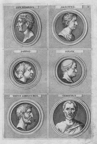 Sex. Pompeius - Sallustius - Sappho - Solon - Tatius Sabinus Rex - Terentius - Antike antiquitiy etching Kupfe