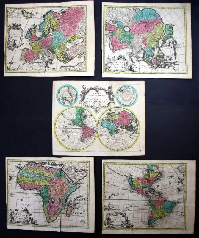 World Map and 4 continents - set of 5 engraved handcolored maps. - Mappa Totius Mundi vel Planiglobium Terrest 0