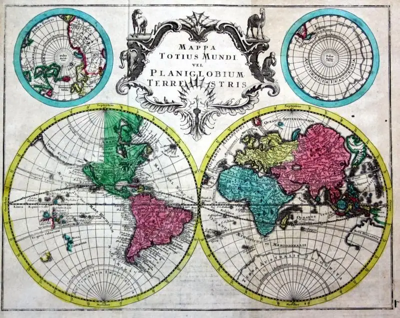 World Map and 4 continents - set of 5 engraved handcolored maps. - Mappa Totius Mundi vel Planiglobium Terrest 1
