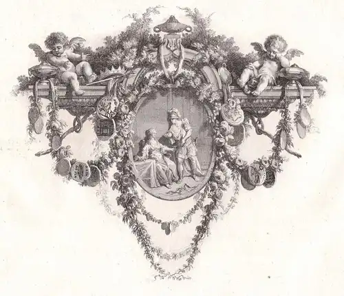 Ornament Mann Frau Engel angel man woman Kupferstich antique print