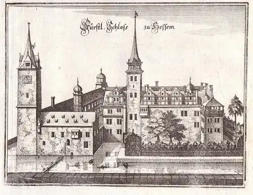 Fürstl. Schloss zu Hessem - Hessen Schloss Sachsen-Anhalt Schlossanlage Merian Kupferstich antique print
