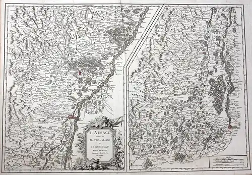 L'Alsace divisee en Haute et Basse et le Sundgau - Elsass Alsace Frace carte gravure Basel Breisach Rhein Stra