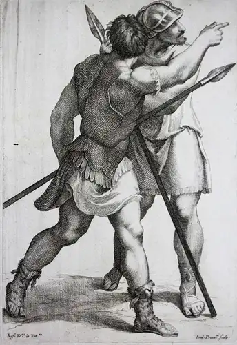 Kampf fight Soldaten soldiers Speer spear Speere spears Mann man Männer men Radierung etching stampa antique p