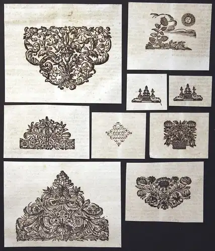 Konvolut von 9 Ornamenten Holzschnitt woodcut ornament antique print gravure copper engraving