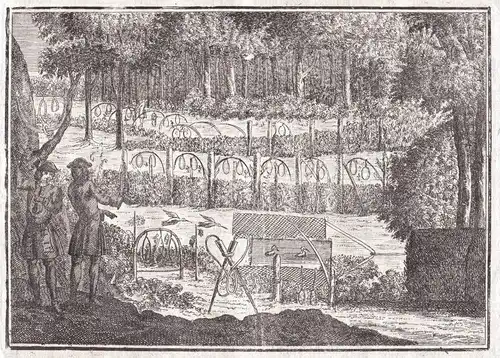 Garten garden Jäger hunter Jagd hunt Wald wood Kupferstich copper engraving antique print
