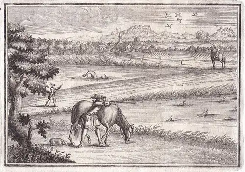 Jäger hunter Jagd hunt Pferde horses jagen hunting Vögel birds Kupferstich copper engraving antique print