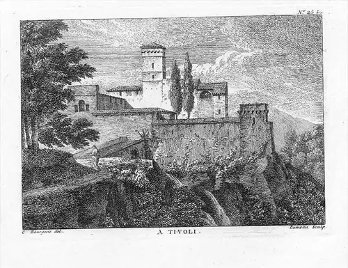 Tivoli Castel Villa incisione stampe Bourgeois acquaforte veduta
