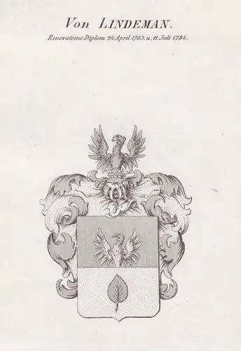 Von Lindeman. Renovations-Diplom 24. April 1783 u. 11 Juli 1784 - Lindemann Lindeman Wappen Adel coat of arms