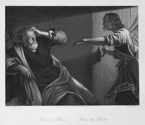 Peter in Prison / Petrus im Kerker - Simon Petrus Kerker prison Bischof bishop Stahlstich steel engraving anti