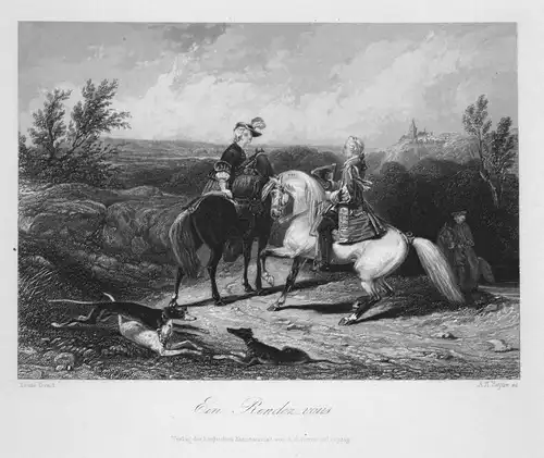 Ein Rendez-vous - Rendezvous Treffen meeting Männer men Pferde horses Stahlstich steel engraving antique print