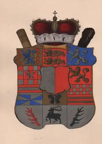 Krone Löwe Hirsch König Genealogie genealogy Wappen Original Aquarell