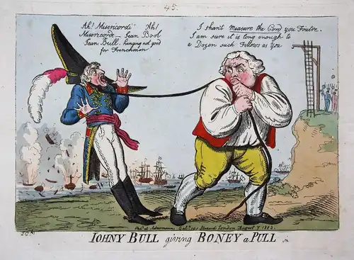 Iohny Bull giving Boney a Pull - Napoleon John Bull dragging Boney caricature Karikatur cartoon satire etching
