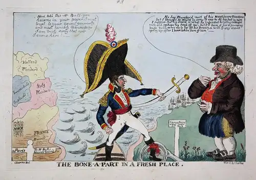 The bone-a-part in a fresh place - John Bull Napoleon caricature Karikatur cartoon satire etching Radierung