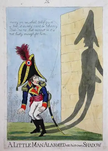 A little man alarmed at his own shadow. - Napoleon Bonaparte afraid of his shadow Portrait caricature Karikatu