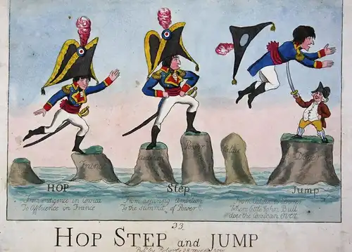 Hop step and jump. - Napoleon Bonaparte jumping stabbed by John Bull jump Springen England UK Großbritannien c