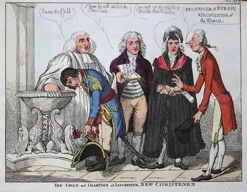 The child and Champion of Jacobinism, New Christened. - Napoleon Bonaparte baptism Taufe caricature Karikatur