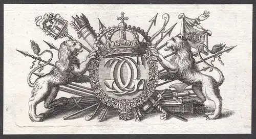 Kupferstich Ornament ornament Waffen weapons Löwen lions copper engraving antique print