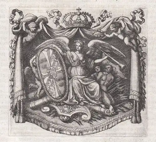 Wappen coat of arms Engel angel Krone crown Ornament ornament Kupferstich copper engraving antique print