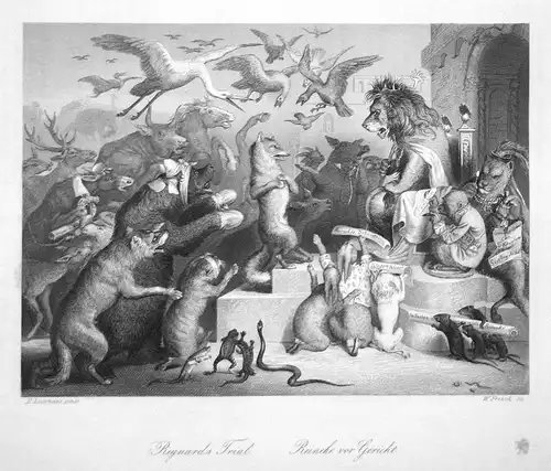 Reynard's Trial. / Reineke vor Gericht. - Reineke Fuchs Reynard the Fox lion Löwe Bär bear Hase rabbit Stahlst