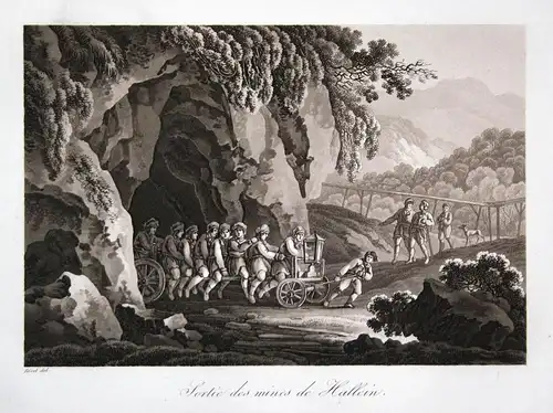 Sortie des mines de Hallein - Hallein Saline Bergbau Salz Rösel Sepia Aquatinta aquatint antique print