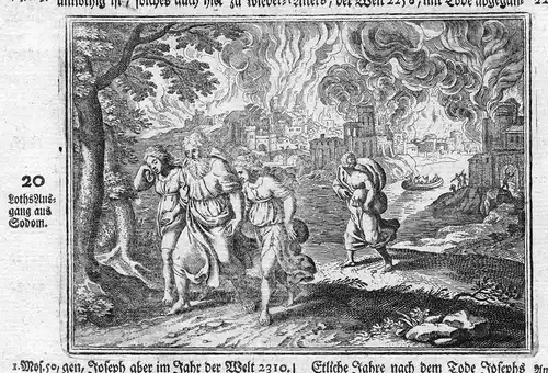 Loths Ausgang aus Sodom - Lot Sodom Flucht escape Bibel biblical Antike antiquity Kupferstich antique print