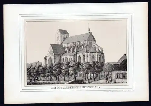 Wismar Nikolaikirche - Mecklenburg Lithographie Ansicht.