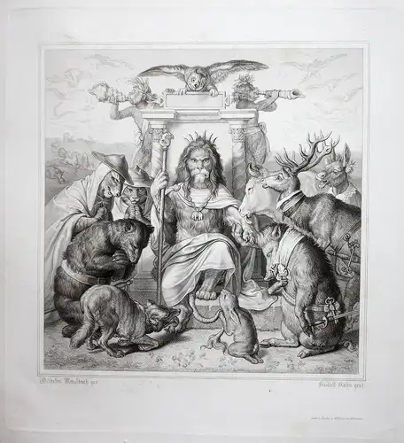 König Löwe Hase Bär Kuh Wolf Stahlstich steel engraving Reineke Fuchs Goethe