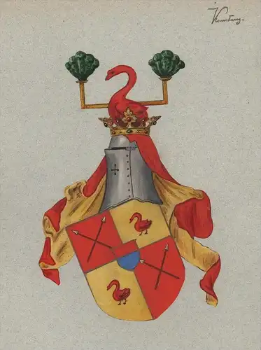 Ritter Rüstung Gans Krone Wappen Genealogie genealogy Original Aquarell
