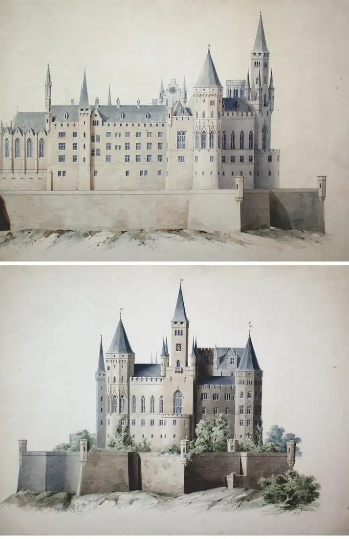 Two designs for the Hohenzollern Castle. West elevation and North elevation. 0