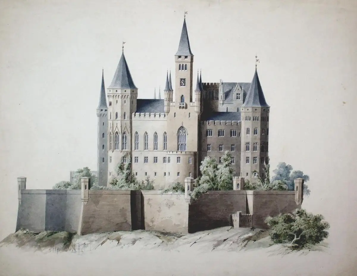 Two designs for the Hohenzollern Castle. West elevation and North elevation. 1