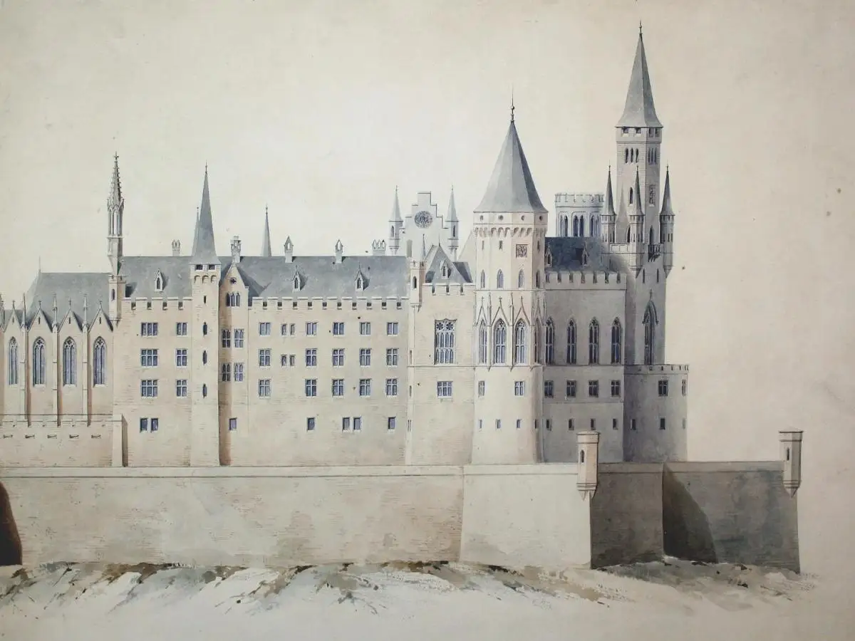 Two designs for the Hohenzollern Castle. West elevation and North elevation. 2
