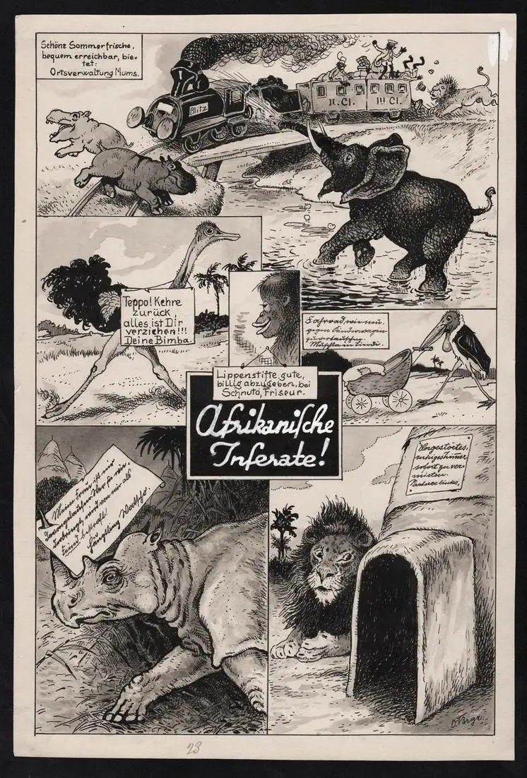 Afrikanische Inserate - Afrika Africa Karikatur caricature Elefant elephant Löwe lion Nashorn Vogel Strauß Eis 0