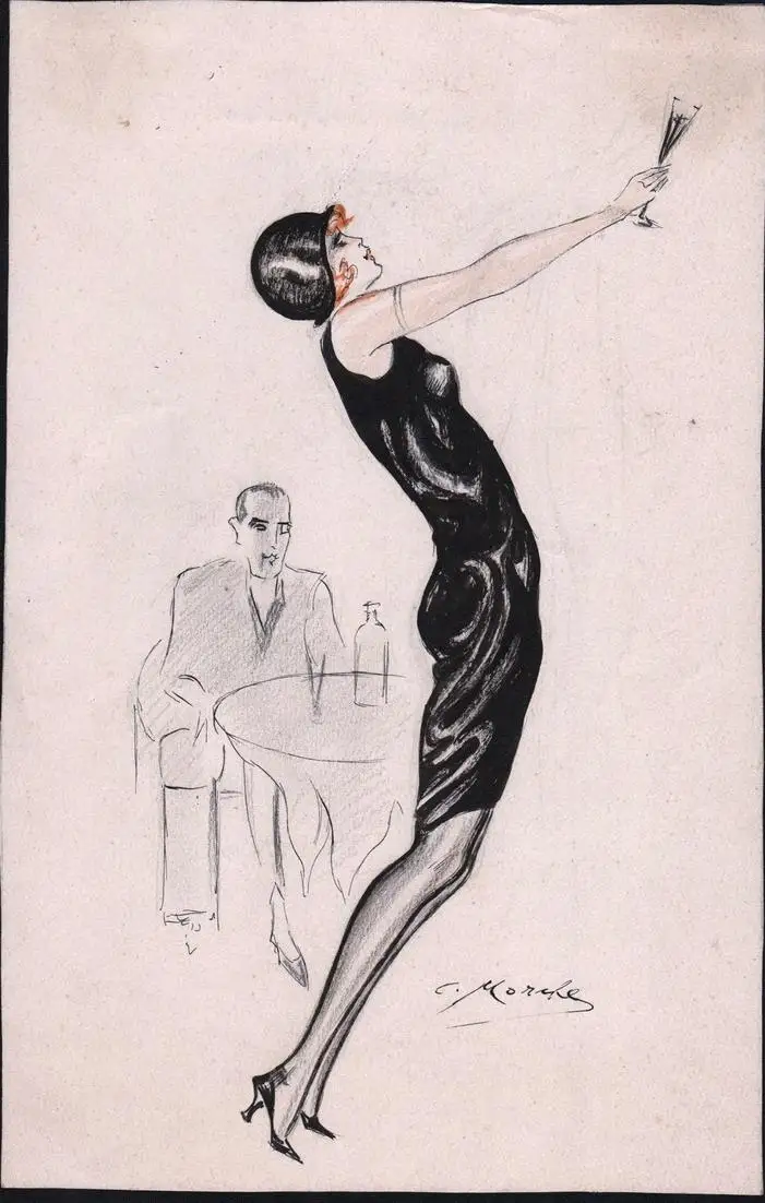 Ihr erstes Abenteuer - Art Deco Erotik erotic fashion Sekt Mode Restaurant Rendezvous Date Zeichnung drawing d 0