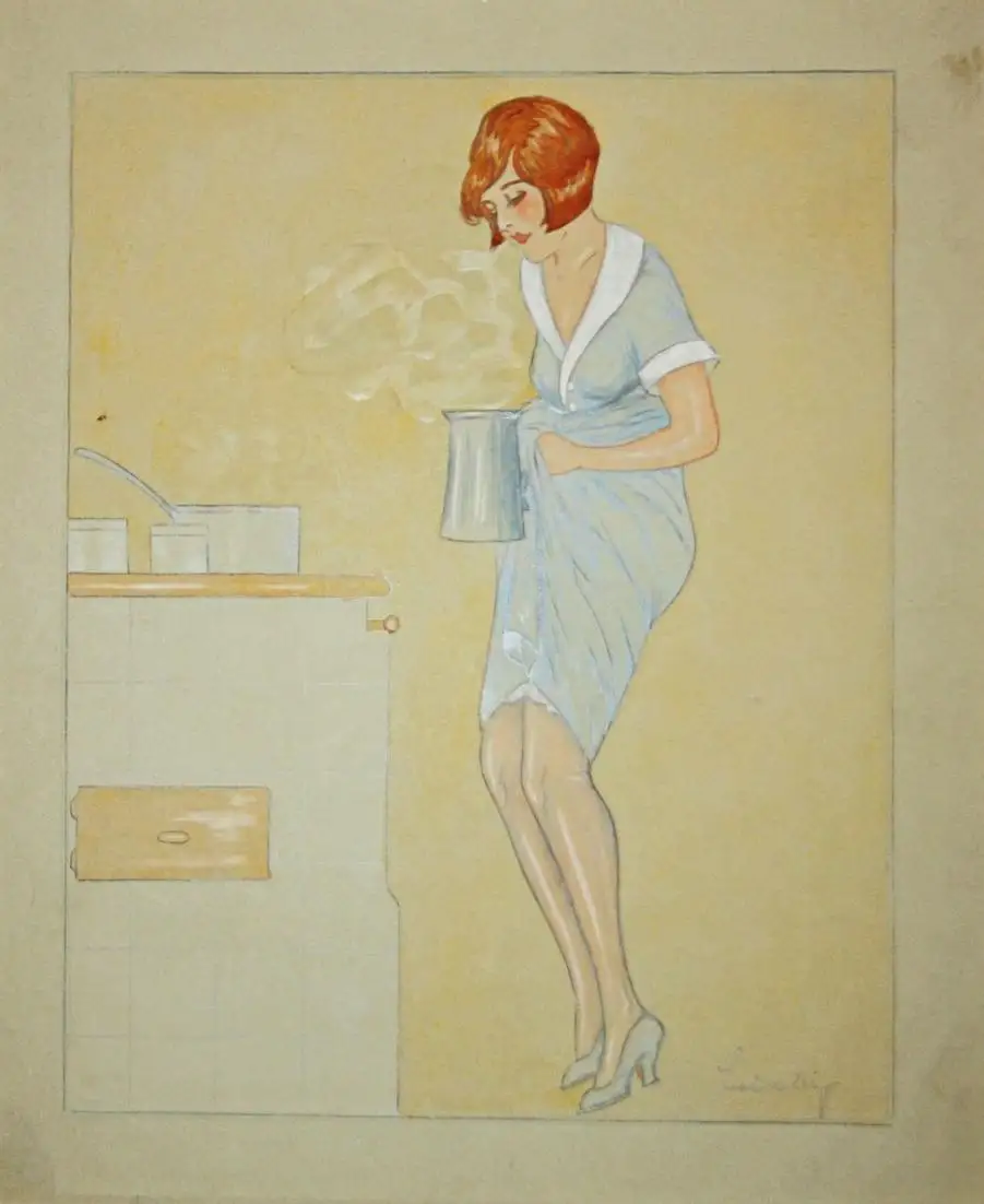 Art Deco Erotik erotic Kochen Kochkunst Küche Hausfrau Köchin housewife 1920er Jahre 1920s Zeichnung drawing d 0