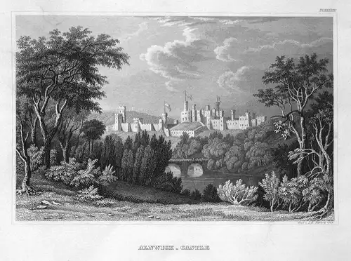 Alnwick-Castle - Alnwick Castle Schloss England Ansicht view Stahlstich steel engraving antique print