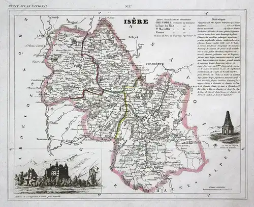 Isere - Isère river Fluss Frankreich France département Auvergne-Rhône-Alpes map Karte engraving antique print