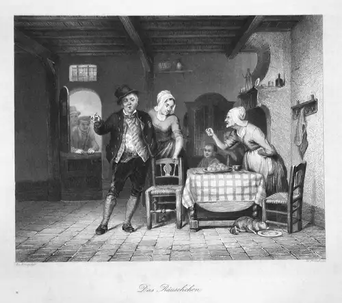 Das Räuschchen - Familie family Mann man betrunken drunk Alkohol alcohol Stahlstich steel engraving Bruycker F