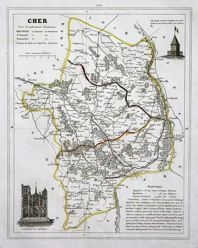Cher - Cher Centre-Val de Loire Frankreich France département map Karte engraving antique print