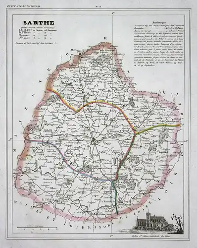 Sarthe - Sarthe Frankreich France Fluss river département map Karte engraving antique print