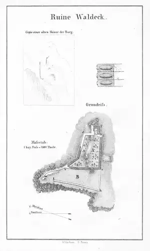 Ruine Waldeck - Waldeck Ruine Hessen Grundriss Plan plan gravure Stahlstich engraving