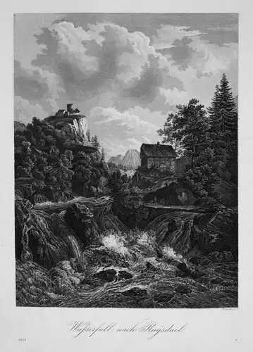 Wasserfall, nach Ruysdael - Wasserfall waterfall Salomon van Ruysdael gravure Stahlstich engraving Wurster